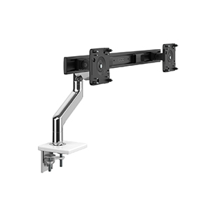 M8.1 Monitor Arm with Crossbar, Two-Piece Clamp Mount Base, Polished Aluminium with White Trim