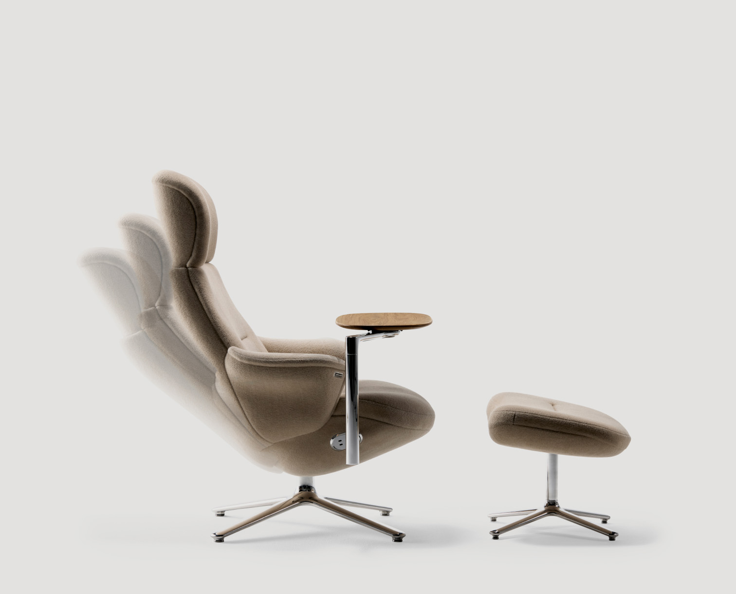 Diffrient Lounge showing reclining motion, with ottoman